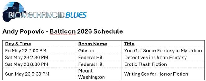 Day & Time 

Room Name 

Title 

Fri May 22 7:00 PM 

Gibson 

You Got Some Fantasy in My Urban 

Sat May 23 2:30 PM 

Federal Hill 

Detectives in Urban Fantasy 

Sat May 23 8:30 PM 

Federal Hill 

Erotic Flash Fiction 

Sun May 23 5:30 PM 

Mount Washington 

Writing Sex for Horror Fiction    